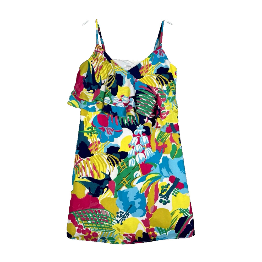 J Crew Dress Women 2 Blue Yellow Tropical Floral Ruffle Colorful Cruise Vacation
